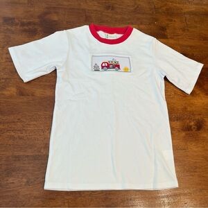 Kids White Zuccini firetruck smocked T-Shirt with Red Trim size 6X